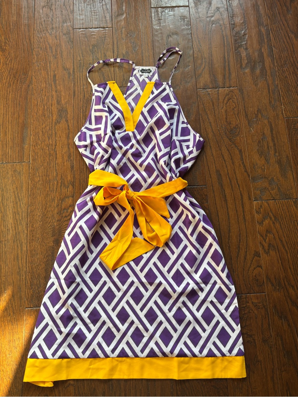 Mud Pie Purple Geometric Halter Dress with Yellow Trim and Sash